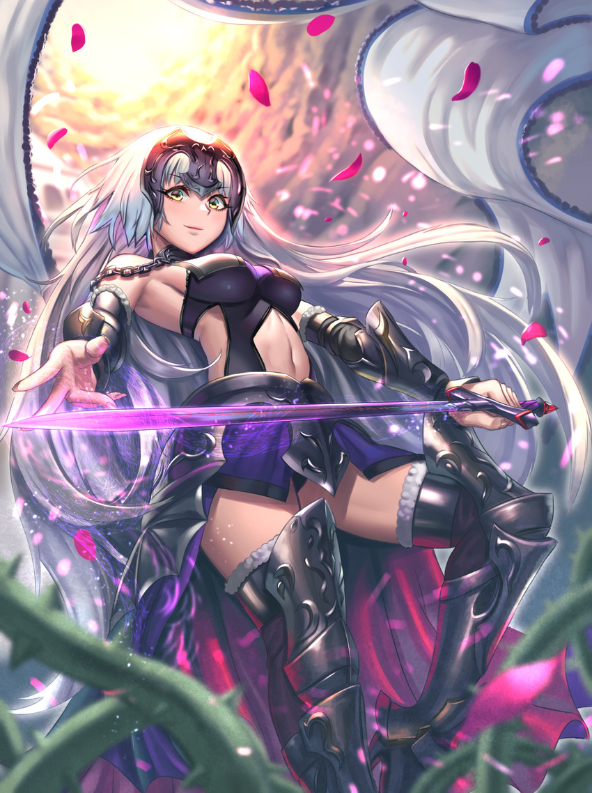 arm_warmers bangs banner bare_shoulders black_armor blurry blurry_foreground breasts chain closed_mouth cloud cloudy_sky day depth_of_field eyebrows_visible_through_hair fate/grand_order fate_(series) faulds fingernails floating_hair foreshortening from_below fur-trimmed_legwear fur_trim glowing glowing_sword glowing_weapon greaves headpiece high_heels highres holding holding_sword holding_weapon jeanne_d'arc_(alter)_(fate) jeanne_d'arc_(fate)_(all) large_breasts light_particles long_hair looking_at_viewer magic moonandmist navel outdoors outstretched_arm petals plant silver_hair sky smile solo standing standing_on_one_leg sunlight sword thighhighs thorns vambraces very_long_hair vines waist_cape weapon wind yellow_eyes