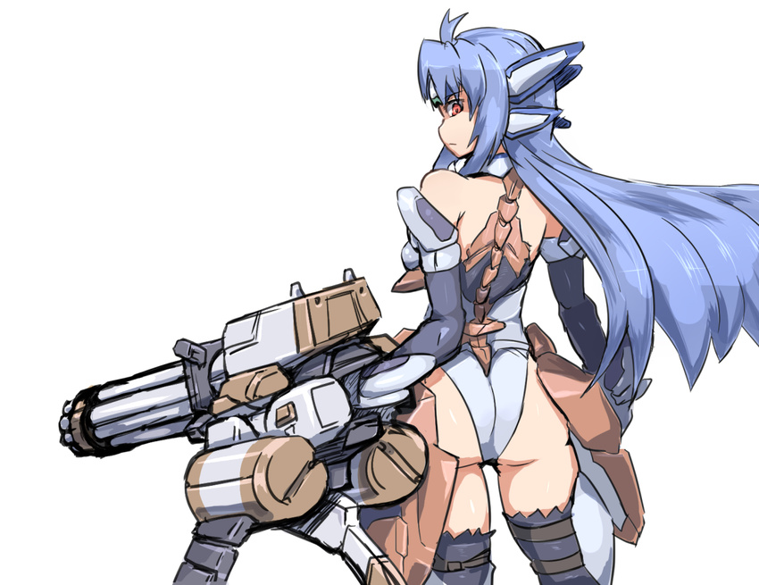 android ass backbone bare_shoulders blue_hair breasts commentary_request depo_(typebaby505) dress elbow_gloves forehead_protector from_behind gloves headgear kos-mos kos-mos_ver._4 looking_back mechanical_backbone medium_breasts red_eyes sleeveless sleeveless_dress solo xenosaga xenosaga_episode_iii