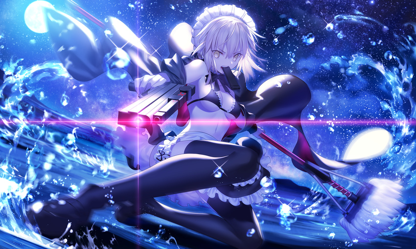 apron artoria_pendragon_(all) artoria_pendragon_(swimsuit_rider_alter) bangs black_legwear blonde_hair breasts commentary_request dutch_angle eyebrows_visible_through_hair fate/grand_order fate_(series) frills glint gun hair_between_eyes handgun highres holding holding_gun holding_weapon hood hoodie kneeling leg_garter magazine maid_bikini md5_mismatch mop night night_sky one_knee open_clothes open_hoodie outdoors pistol revision shinooji sidelocks sky small_breasts solo star_(sky) starry_sky thighhighs tsurime underboob waist_apron water_drop weapon yellow_eyes