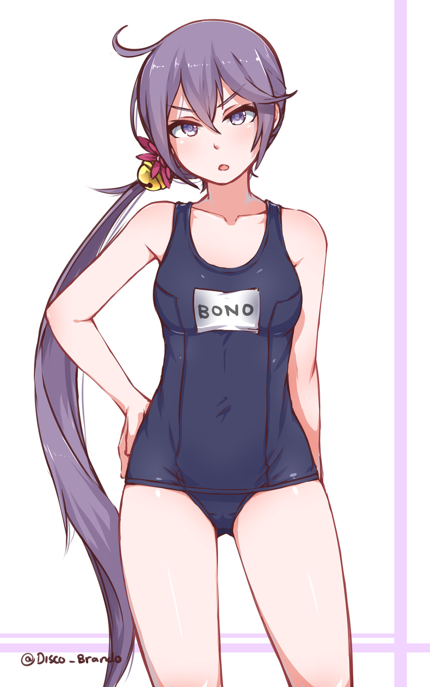 :o absurdres ahoge akebono_(kantai_collection) arm_at_side bare_arms bare_shoulders bell blue_swimsuit blush breasts character_name collarbone competition_school_swimsuit disco_brando flower hair_bell hair_between_eyes hair_flower hair_ornament hand_on_hip highres jingle_bell kantai_collection legs_apart long_hair looking_at_viewer low_ponytail name_tag one-piece_swimsuit open_mouth purple_eyes purple_hair school_swimsuit simple_background small_breasts solo swimsuit thighs tsurime twitter_username two-tone_background v-shaped_eyebrows very_long_hair white_background