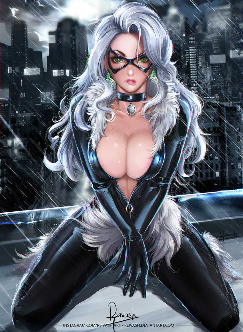 areola_slip areolae artist_name bell bell_collar biting black_cat_(marvel) bodysuit breasts building cityscape cleavage collar collarbone deviantart_username earrings felicia_hardy fur_trim green_eyes highres javier_estrada jewelry large_breasts lip_biting long_hair looking_at_viewer marvel mask parted_lips rain shiny shiny_clothes sitting solo spider-man_(series) spread_legs unzipped water_drop watermark web_address wet white_hair zipper