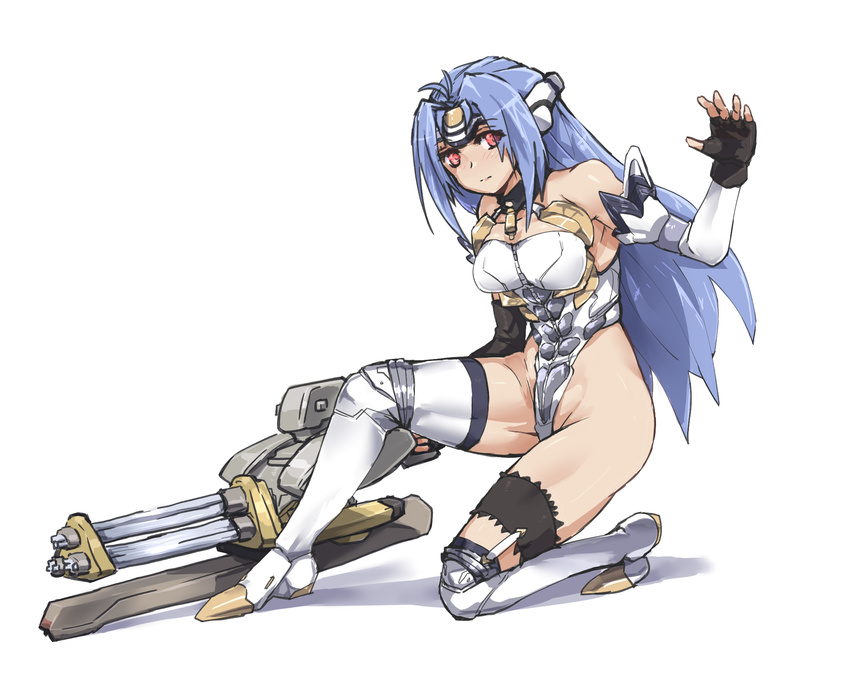 android bare_shoulders black_gloves blue_hair breasts commentary_request depo_(typebaby505) dress elbow_gloves fingerless_gloves forehead_protector garter_straps gloves headgear highres kos-mos medium_breasts one_knee red_eyes sleeveless sleeveless_dress solo xenosaga xenosaga_episode_iii
