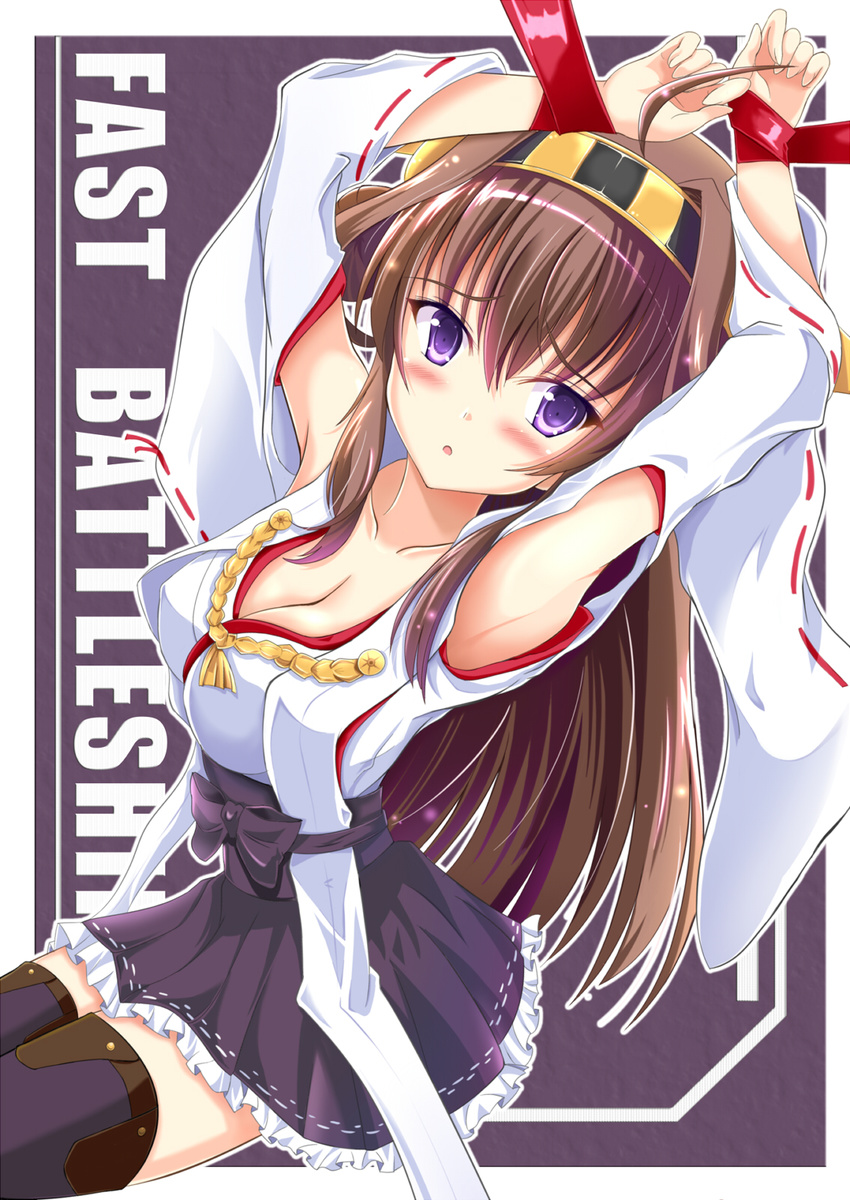 ahoge armpits bare_shoulders blush bound bound_wrists detached_sleeves double_bun hairband headgear highres japanese_clothes kantai_collection kongou_(kantai_collection) looking_at_viewer nontraditional_miko radek_ken ribbon-trimmed_sleeves ribbon_trim solo