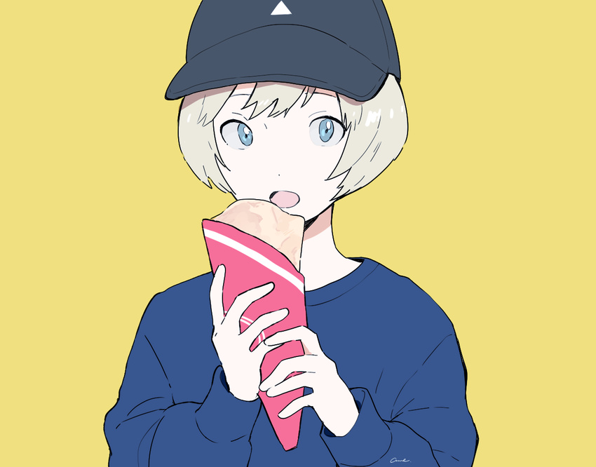 bangs baseball_cap blue_eyes blue_sweater crepe food food_wrapper gumi. hat holding holding_food long_sleeves looking_at_viewer open_mouth original short_hair signature silver_hair simple_background solo sweater upper_body yellow_background