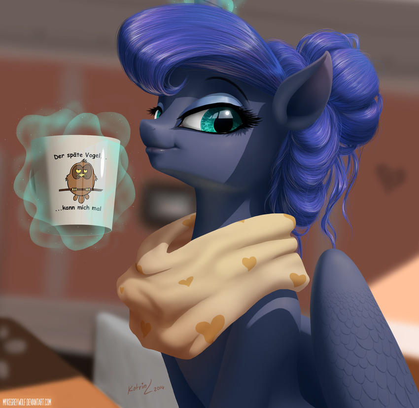 2014 absurd_res avian beverage bird blue_eyes blue_feathers blue_hair coffee coffee_cup equine eyelashes feathered_wings feathers female food friendship_is_magic hair hi_res horn looking_at_viewer magic mammal my_little_pony mykegreywolf princess_luna_(mlp) scarf smile solo ukulilia winged_unicorn wings