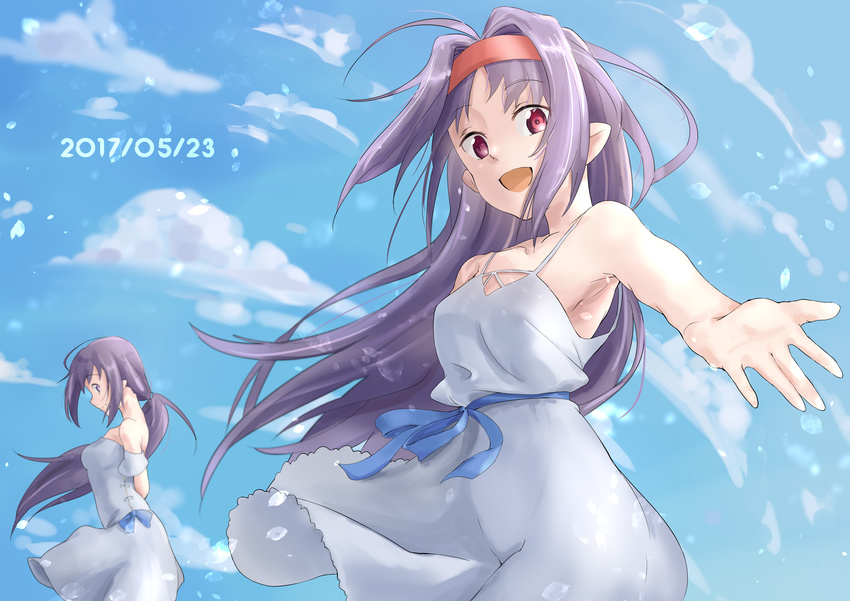 absurdres ahoge armpits arms_behind_back blue_sky cloud commentary cowboy_shot dated day hairband highres kusekke long_hair looking_at_viewer low_ponytail multiple_girls multiple_persona outstretched_arm pointy_ears ponytail ran_(sao) red_eyes red_hairband siblings sisters sky smile sword_art_online twins yuuki_(sao)