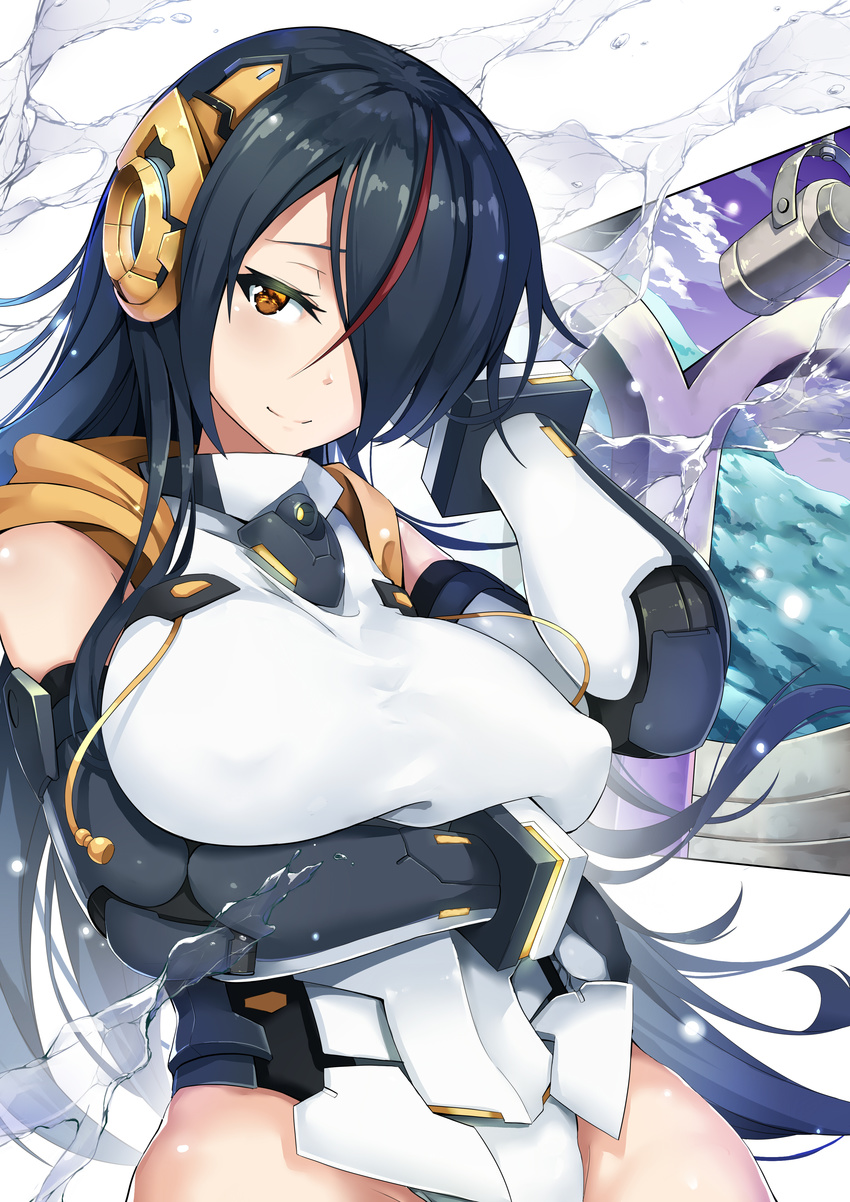 absurdres adapted_costume armor bangs bare_shoulders black_gloves black_hair breast_hold breasts closed_mouth cloud commentary covered_nipples day drawstring elbow_gloves emperor_penguin_(kemono_friends) floating_hair gloves gradient_sky hair_over_one_eye hand_in_hair headgear highleg highleg_leotard highres hood hood_down jie_laite kemono_friends large_breasts leotard light_particles long_hair looking_at_viewer multicolored_hair orange_eyes outdoors purple_sky red_hair shiny shiny_hair shiny_skin sky smile solo spotlight stage stage_lights streaked_hair taut_clothes water white_leotard