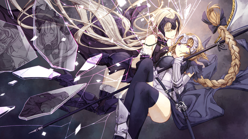 3girls armor armored_boots bangs black_legwear blonde_hair blue_ribbon boots bow braid chain character_request closed_mouth commentary_request eyebrows_visible_through_hair fate/grand_order fate_(series) faulds flag floating_hair fur_trim gauntlets greaves hair_bow hair_ribbon headpiece high_heel_boots high_heels highres holding holding_flag jeanne_d'arc_(alter)_(fate) jeanne_d'arc_(fate) jeanne_d'arc_(fate)_(all) jh long_hair looking_at_another lying marie_antoinette_(fate/grand_order) multiple_girls on_back platinum_blonde_hair purple_eyes ribbon shards sheath sheathed single_braid smile standard_bearer sword thighhighs tress_ribbon very_long_hair weapon wolfgang_amadeus_mozart_(fate/grand_order) yellow_eyes