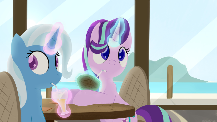 2017 blue_eyes blue_hair chair cup cutie_mark drinking duo equine eyelashes female friendship_is_magic glass hair hi_res horn inside island magic mammal multicolored_hair my_little_pony post_cactus purple_eyes sitting starlight_glimmer_(mlp) straw table trixie_(mlp) two_tone_hair unicorn water window