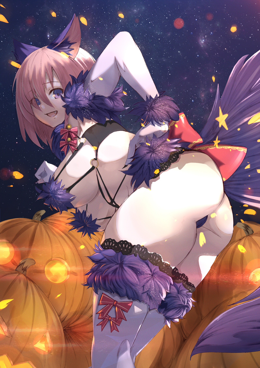 :d agovitch animal_ears ass bad_id bad_pixiv_id bent_over bow breasts clenched_hand dangerous_beast elbow_gloves eyebrows_visible_through_hair eyes_visible_through_hair fang fate/grand_order fate_(series) from_behind fur-trimmed_gloves fur-trimmed_legwear fur_trim gloves hair_between_eyes hair_over_one_eye halloween halloween_costume hand_on_hip highres jack-o'-lantern lace lace-trimmed_thighhighs large_breasts looking_back mash_kyrielight night open_mouth outdoors pink_hair purple_eyes red_bow sky smile solo standing star_(sky) starry_sky striped striped_bow tail thighhighs white_gloves white_legwear