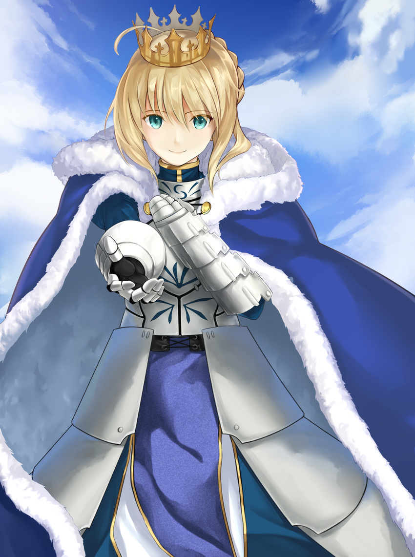 ahoge armor armored_dress artoria_pendragon_(all) blonde_hair blue_cape blue_skirt braid breastplate cape capelet cloud crown day fate/grand_order fate_(series) french_braid fur-trimmed_cape fur_trim green_eyes hair_between_eyes hand_on_own_chest highres outstretched_arm saber skirt smile solo z_w_(adsfe)