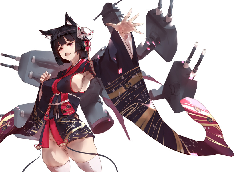 :d agovitch animal_ears armpits azur_lane bell black_hair black_kimono blush breasts clenched_hand covered_nipples cowboy_shot eyebrows_visible_through_hair fang floral_print furisode groin hair_ornament head_tilt highres japanese_clothes jingle_bell kimono kimono_skirt large_breasts long_sleeves looking_at_viewer machinery no_panties open_mouth outstretched_arm short_hair simple_background skindentation smile solo thighhighs white_background white_legwear yamashiro_(azur_lane)
