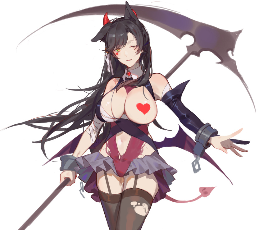 alternate_costume animal_ears atago_(azur_lane) azur_lane bangs black_legwear blush breasts breasts_outside commentary_request cowboy_shot cuffs demon_horns demon_tail detached_sleeves floating_hair garter_straps grey_skirt heart_pasties holding holding_weapon horns large_breasts leotard long_hair looking_at_viewer microskirt navel navel_cutout one_eye_closed outstretched_arm parted_lips pasties pleated_skirt purple_leotard red_cucumber scythe shackles short_hair_with_long_locks simple_background skirt smile solo swept_bangs tail thighhighs torn_clothes torn_legwear weapon white_background