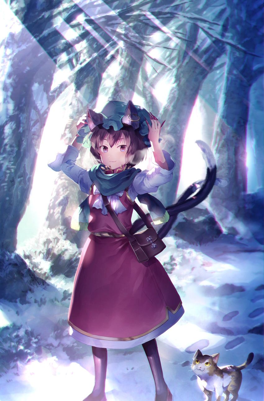 :3 animal_ears bag brown_hair cat cat_ears cat_tail chen claws commentary_request earrings forest green_hat green_scarf hat highres jewelry looking_at_viewer multiple_tails nail_polish nature red_nails scarf short_hair smile snow solo standing sunakumo tail touhou tree