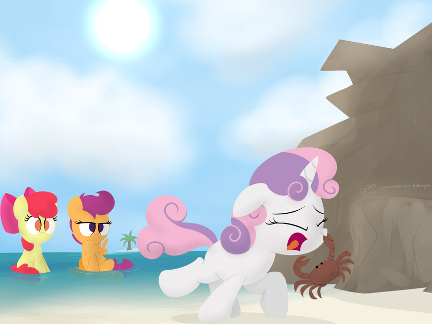 2013 apple_bloom_(mlp) arthropod beach bow cloud crab crustacean cub cutie_mark_crusaders_(mlp) earth_pony equine eyebrows eyelashes eyes_closed feathered_wings feathers female friendship_is_magic frown hair hi_res horn horse island mammal marine multicolored_hair my_little_pony open_mouth orange_eyes outside pain palm_tree pegasus pinch pony post_cactus purple_eyes purple_hair red_hair rock sand scootaloo_(mlp) seaside sitting sky sun sweetie_belle_(mlp) tongue tree two_tone_hair unicorn water wings young