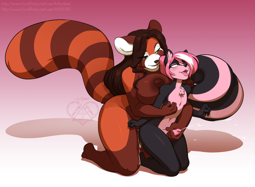 2017 anthro big_breasts black_fur black_nose black_tail breasts brown_fur brown_hair brown_nipples chest_tuft dickgirl dickgirl/male digital_media_(artwork) duo ejaculation fur gradient_background green_eyes hair handjob holding_partner holding_penis intersex intersex/male kittydee kneeling male mammal maryll multicolored_fur multicolored_tail nipples nude on_ground open_mouth orgasm orgasm_face penetration penis pink_hair pink_tongue reach_around red_panda sex simple_background skunk smile snout striped_fur striped_tail stripes tongue tongue_out tuft two_tone_fur two_tone_tail url white_fur