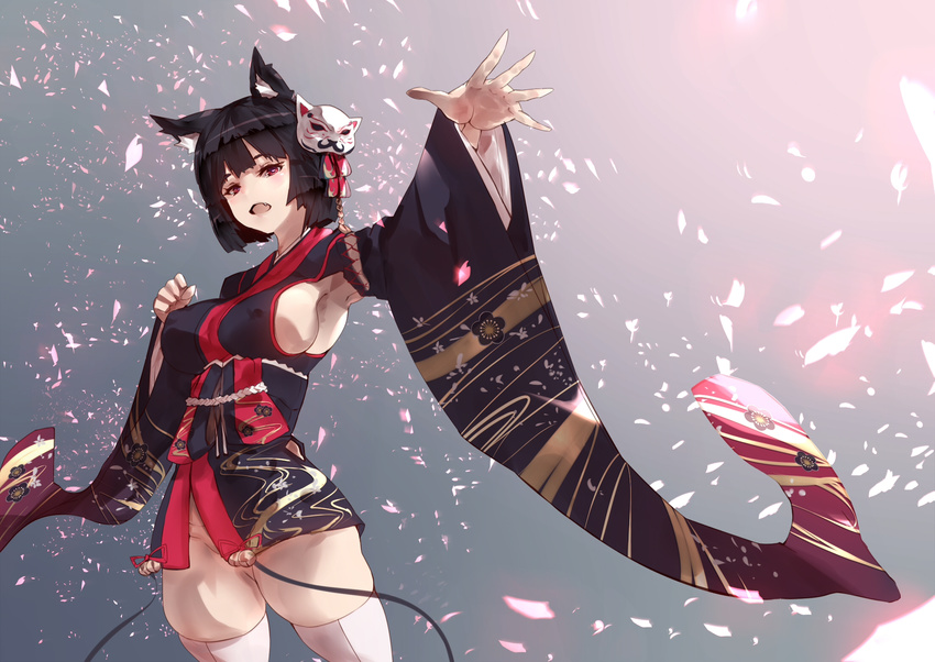 :d agovitch animal_ears armpits azur_lane bell black_hair black_kimono blush breasts clenched_hand covered_nipples cowboy_shot eyebrows_visible_through_hair fang floral_print furisode groin hair_ornament head_tilt highres japanese_clothes jingle_bell kimono kimono_skirt large_breasts long_sleeves looking_at_viewer no_panties open_mouth outstretched_arm short_hair skindentation smile solo thighhighs white_legwear yamashiro_(azur_lane)