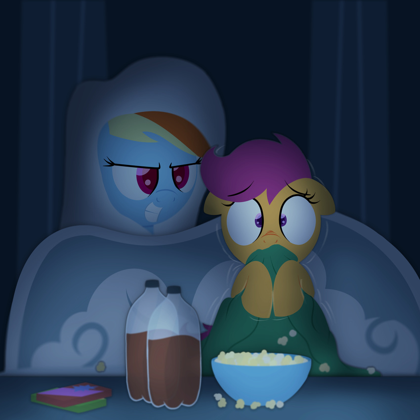 2016 bedding beverage blanket bottle bowl candy cloud cub curtains duo equine eyebrows eyelashes female food friendship_is_magic hair hi_res horse inside mammal multicolored_hair my_little_pony open_mouth pony popcorn post_cactus purple_eyes purple_hair rainbow_dash_(mlp) rainbow_hair scared scootaloo_(mlp) shaking sitting smile soda sofa table teeth young