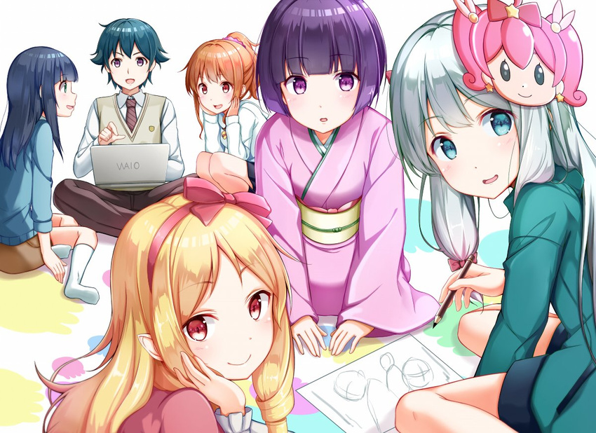 5girls :d bangs blonde_hair blue_eyes blue_sweater blunt_bangs blush bow brown_skirt closed_mouth collared_shirt computer drawing dress eromanga_sensei eyebrows_visible_through_hair hair_bow hairband hand_on_own_cheek hood hoodie indian_style izumi_masamune izumi_sagiri japanese_clothes jinno_megumi kimono laptop long_sleeves looking_at_another looking_at_viewer meruru_(oreimo) multiple_girls na53 necktie obi open_mouth ore_no_imouto_ga_konna_ni_kawaii_wake_ga_nai parted_lips pencil pink_bow pink_dress pink_kimono pointy_ears purple_eyes purple_hair red_eyes red_neckwear sash senju_muramasa shirt short_hair silver_hair sitting skirt smile squatting sweater takasago_tomoe vest white_shirt yamada_elf yokozuwari