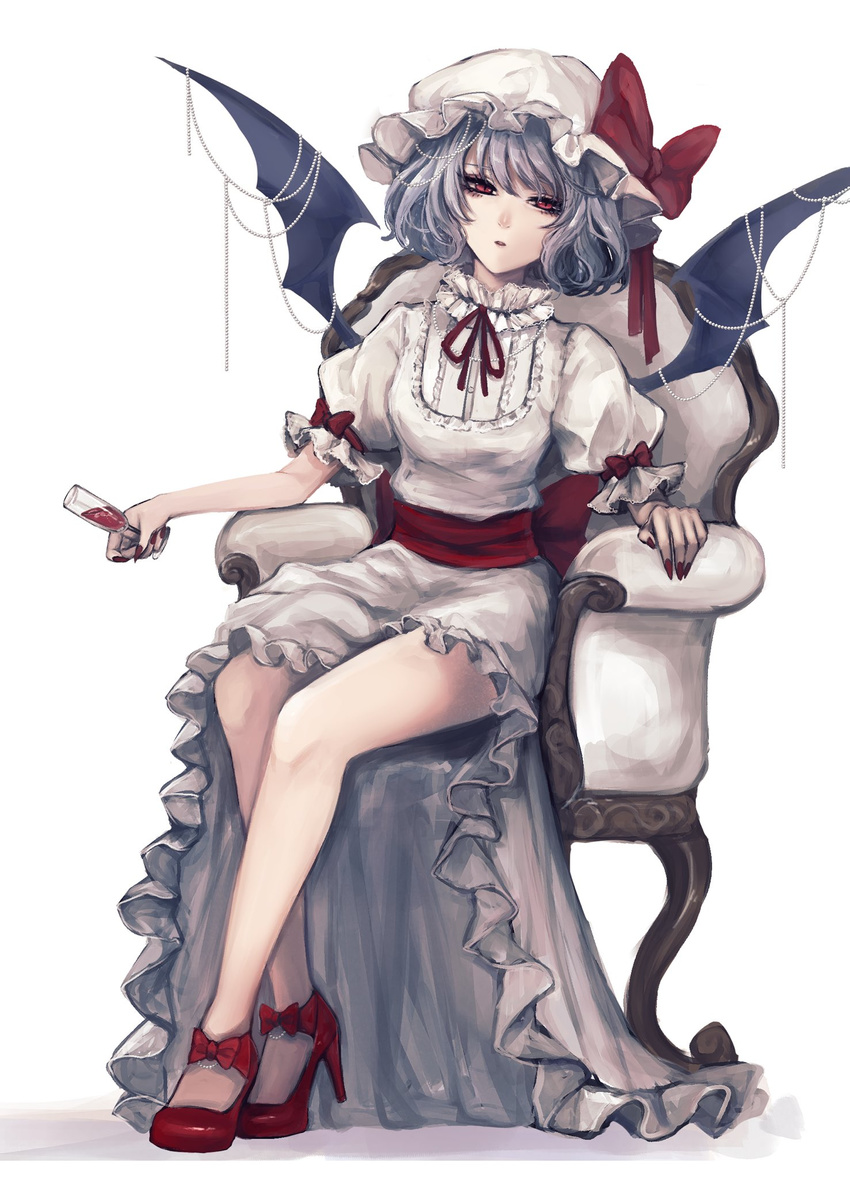 bare_legs bat_wings blue_hair bow chair cup drinking_glass fingernails full_body hat hat_bow high_heels highres holding holding_cup kyogoku-uru long_fingernails looking_at_viewer mob_cap nail_polish puffy_short_sleeves puffy_sleeves red_bow red_eyes red_footwear red_nails remilia_scarlet sash shoe_bow shoes short_sleeves simple_background sitting skirt solo touhou white_background white_hat white_skirt wings
