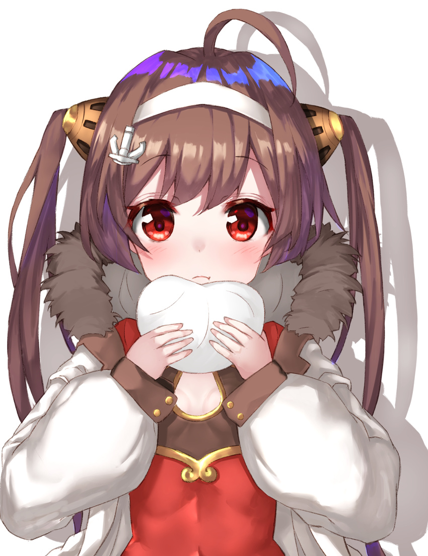 :t ahoge anchor_hair_ornament azur_lane baozi blush breasts brown_hair china_dress chinese_clothes cleavage_cutout closed_mouth coat dress eating eyebrows_visible_through_hair food fur_trim hair_ornament hairband highres holding holding_food long_hair long_sleeves looking_at_viewer multicolored_hair open_clothes open_coat ping_hai_(azur_lane) purple_hair red_dress red_eyes shadow simple_background small_breasts solo tareme twintails two-tone_hair upper_body white_background white_coat white_hairband yuuki_nao_(pixiv10696483)