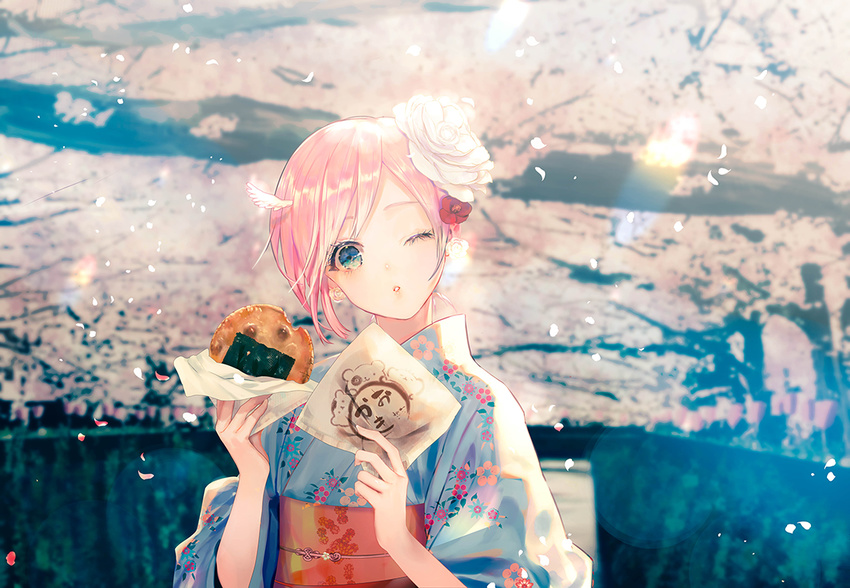 blue_eyes blue_kimono blurry bokeh cherry_blossoms commentary_request depth_of_field earrings floral_print flower flower_earrings food hair_flower hair_ornament head_tilt holding holding_food japanese_clothes jewelry kimono long_sleeves looking_at_viewer one_eye_closed original outdoors paper petals pink_hair red_flower rose sash say_hana shiny shiny_hair short_hair solo white_flower white_rose wide_sleeves