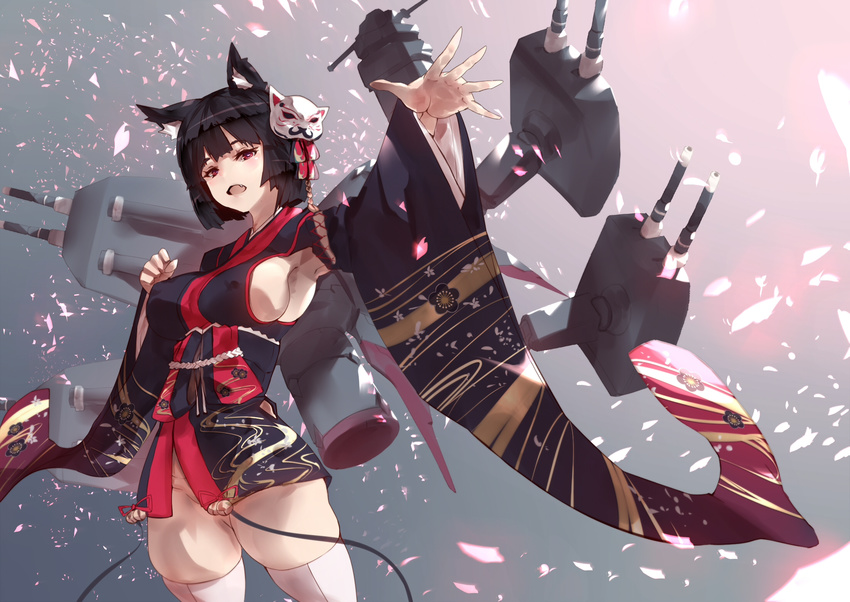 :d agovitch animal_ears armpits azur_lane bell black_hair black_kimono blush breasts clenched_hand covered_nipples cowboy_shot eyebrows_visible_through_hair fang floral_print furisode groin hair_ornament head_tilt highres japanese_clothes jingle_bell kimono kimono_skirt large_breasts long_sleeves looking_at_viewer machinery no_panties open_mouth outstretched_arm short_hair skindentation smile solo thighhighs white_legwear yamashiro_(azur_lane)