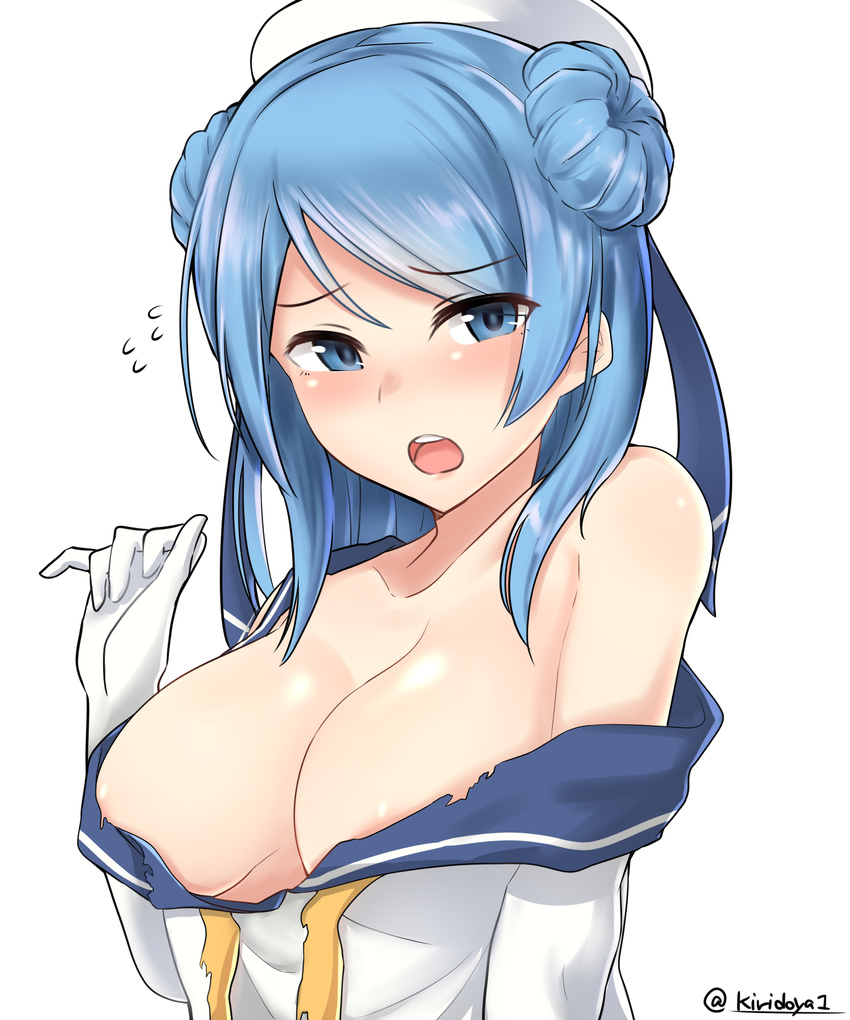 absurdres arm_up blue_eyes blue_hair blush breasts collarbone double_bun embarrassed eyebrows_visible_through_hair flying_sweatdrops gloves hat highres kantai_collection kiritto large_breasts long_hair looking_at_viewer off_shoulder open_mouth simple_background solo teeth torn_clothes twitter_username upper_body urakaze_(kantai_collection) white_background white_gloves white_hat yellow_neckwear
