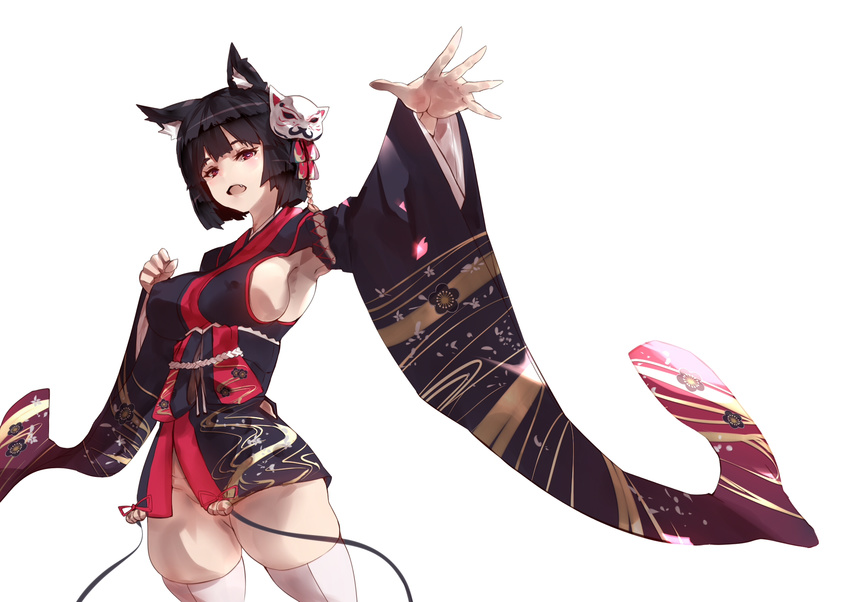 :d agovitch animal_ears armpits azur_lane bell black_hair black_kimono blush breasts clenched_hand covered_nipples cowboy_shot eyebrows_visible_through_hair fang floral_print furisode groin hair_ornament head_tilt highres japanese_clothes jingle_bell kimono kimono_skirt large_breasts long_sleeves looking_at_viewer no_panties open_mouth outstretched_arm short_hair simple_background skindentation smile solo thighhighs white_background white_legwear yamashiro_(azur_lane)