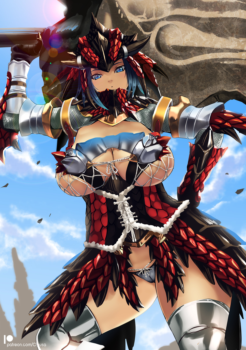 1girl armor blue_eyes breasts capcom cleavage huge_breasts monster_hunter rathalos_(armor) senria solo sword underwear weapon
