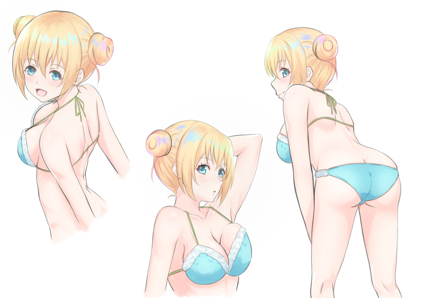 :d alternate_hairstyle arm_up armpits ass bikini blend_s blonde_hair blue_bikini blue_eyes blush breasts closed_mouth collarbone double_bun eyebrows_visible_through_hair hair_between_eyes halterneck hand_behind_head highres hinata_kaho hofumaso kneepits large_breasts leaning_forward looking_at_viewer looking_back multiple_views open_mouth parted_lips profile short_hair smile standing swimsuit white_background