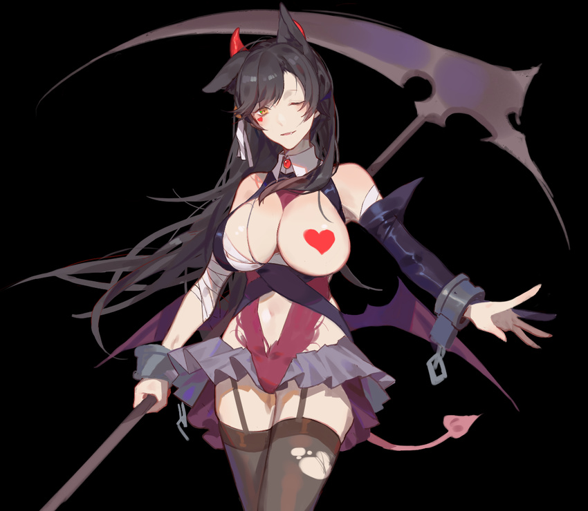alternate_costume animal_ears atago_(azur_lane) azur_lane bangs black_background black_legwear blush breasts breasts_outside commentary_request cowboy_shot cuffs demon_horns demon_tail detached_sleeves floating_hair garter_straps grey_skirt heart_pasties holding holding_weapon horns large_breasts leotard long_hair looking_at_viewer microskirt navel navel_cutout one_eye_closed outstretched_arm parted_lips pasties pleated_skirt purple_leotard red_cucumber scythe shackles short_hair_with_long_locks simple_background skirt smile solo swept_bangs tail thighhighs torn_clothes torn_legwear weapon