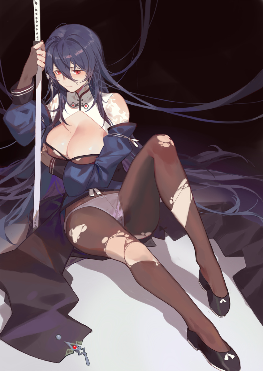 bangs black_footwear black_hair black_legwear blue_hair blush breasts china_dress chinese_clothes cleavage cleavage_cutout closed_mouth commentary_request detached_sleeves dress flats hair_between_eyes highres holding holding_sword holding_weapon iron_saga katana large_breasts long_hair oboro_(iron_saga) panties panties_under_pantyhose pantyhose red_cucumber red_eyes shadow sheath sheathed sidelocks sitting solo sword torn_clothes torn_legwear underwear very_long_hair weapon