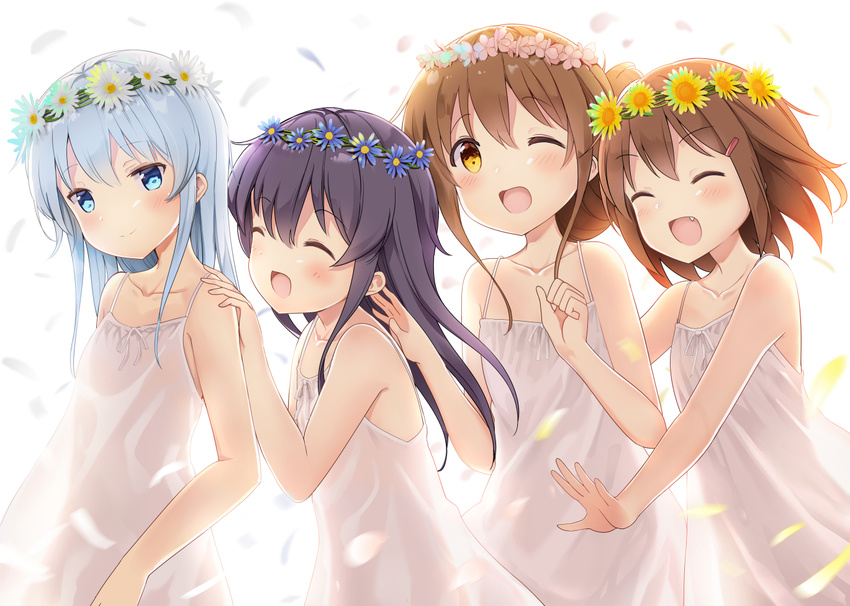^_^ ^o^ akatsuki_(kantai_collection) alternate_costume bell_(oppore_coppore) blue_eyes blue_flower brown_eyes brown_hair closed_eyes collarbone fang flower folded_ponytail hair_between_eyes hair_flower hair_ornament hibiki_(kantai_collection) ikazuchi_(kantai_collection) inazuma_(kantai_collection) kantai_collection long_hair multiple_girls open_mouth petals pink_flower purple_hair short_hair silver_hair simple_background smile white_background white_flower yellow_flower