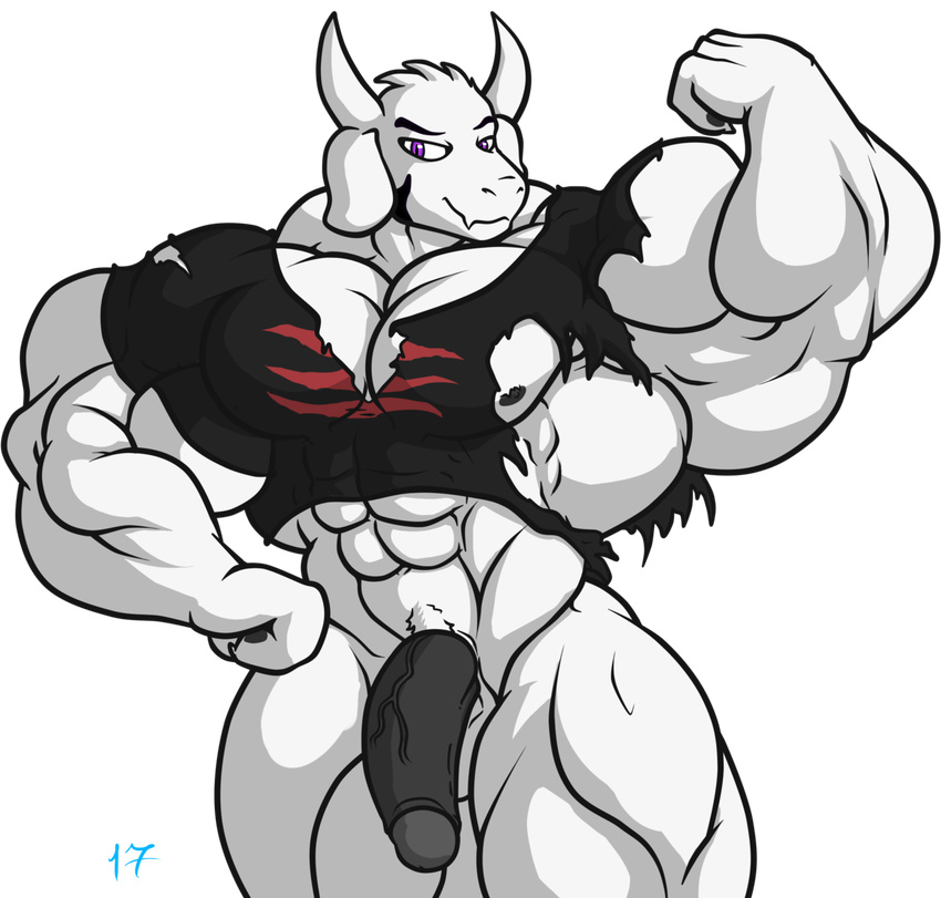 2017 abs asriel_dreemurr balls biceps big_muscles big_penis black_penis boss_monster caprine clothing flexing fur goat god_of_hyperdeath horn huge_muscles hyper male mammal muscular muscular_male navel pecs penis purple_eyes shirt smile solo stx70 torn_clothing undertale vein video_games white_fur