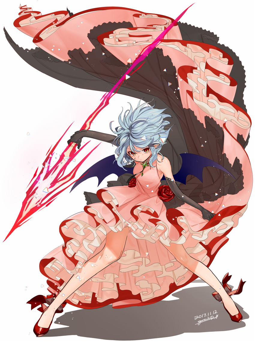 2017 alternate_costume artist_name bare_legs bare_shoulders bat_wings black_gloves blue_hair commentary dated dress elbow_gloves energy_weapon floating_hair flower formal frilled_dress frills full_body gloves gotoh510 highres holding holding_weapon legs legs_apart long_dress looking_at_viewer no_hat no_headwear petticoat pink_dress pointy_ears red_eyes red_flower red_footwear red_ribbon red_rose remilia_scarlet ribbon rose shadow shoes signature simple_background sleeveless sleeveless_dress solo spear_the_gungnir standing touhou weapon white_background wind wind_lift wings