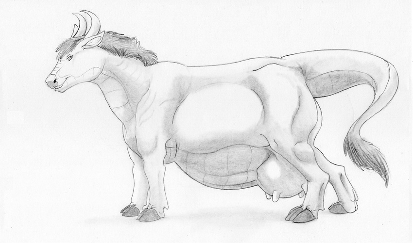 belly beuwens-folder big_belly bovine cattle dragon female feral hi_res horn hybrid looking_at_viewer mammal mane monochrome pregnant simple_background smile solo tail_tuft teats tuft udders