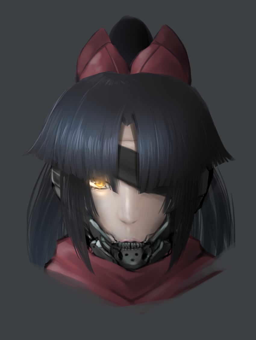 black_hair bow cyborg eyepatch eyes_visible_through_hair fate/grand_order fate_(series) fusion glowing glowing_eyes grey_background hair_bow highres katou_danzou_(fate/grand_order) long_hair looking_at_viewer metal_gear_(series) metal_gear_rising:_revengeance one_eye_covered ponytail portrait raiden red_bow red_scarf rei_(rei_rr) scarf simple_background solo yellow_eyes
