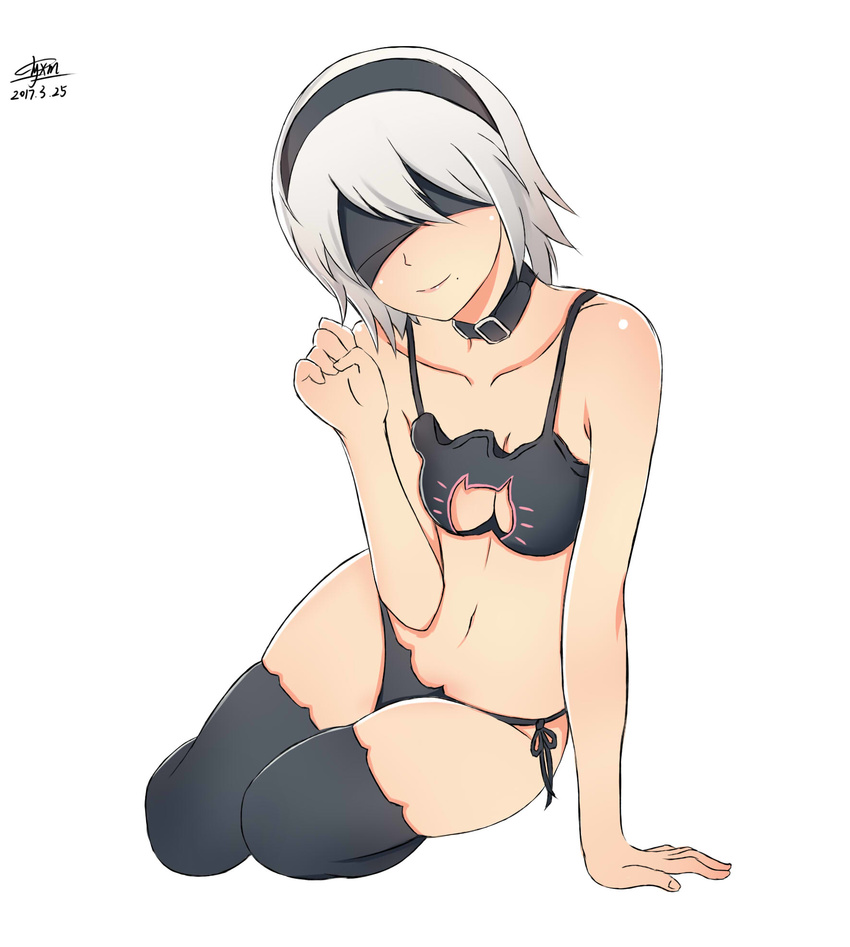 arm_support black_bra black_hairband black_legwear black_panties blindfold bra breasts cat_cutout cat_ear_panties cat_lingerie cleavage_cutout closed_mouth collar collarbone covered_eyes dated dyxm facing_viewer hairband head_tilt highres medium_breasts meme_attire mole mole_under_mouth navel nier_(series) nier_automata panties pink_lips revision short_hair side-tie_panties signature silver_hair simple_background sitting smile solo thighhighs underwear underwear_only white_background yorha_no._2_type_b
