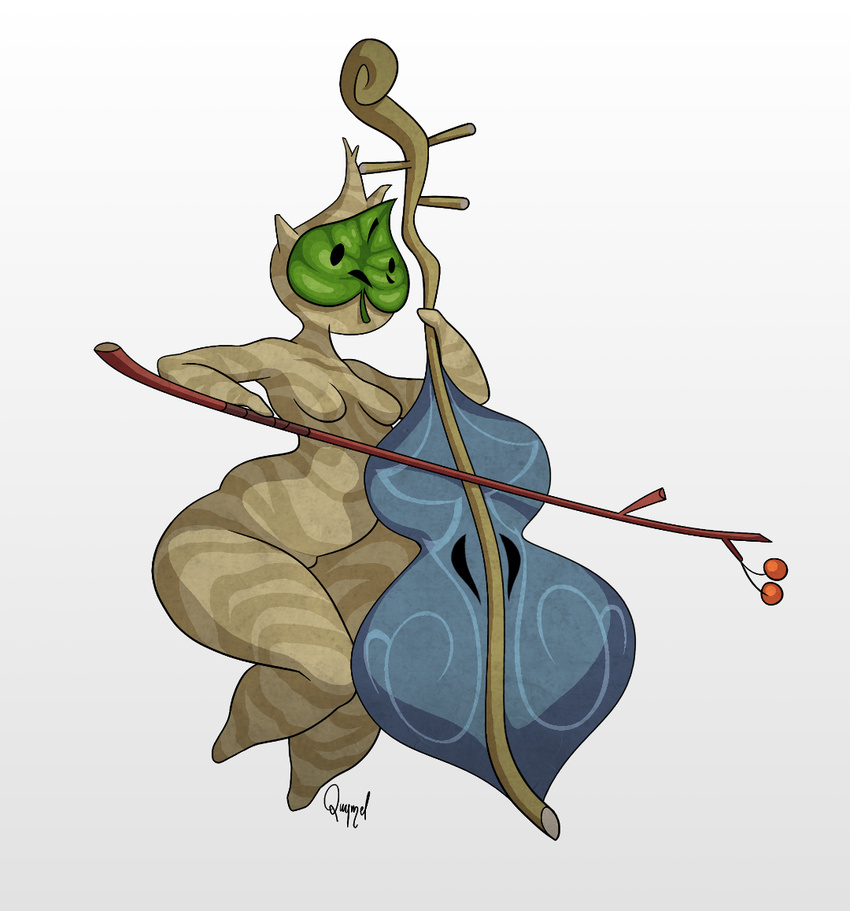 anthro anthrofied breasts crossgender featureless_breasts female flora_fauna instrument korok leaf makar mask musical_instrument nintendo not_furry nsfwquynzel nude plant simple_background solo the_legend_of_zelda tree video_games violin white_background wind_waker wood