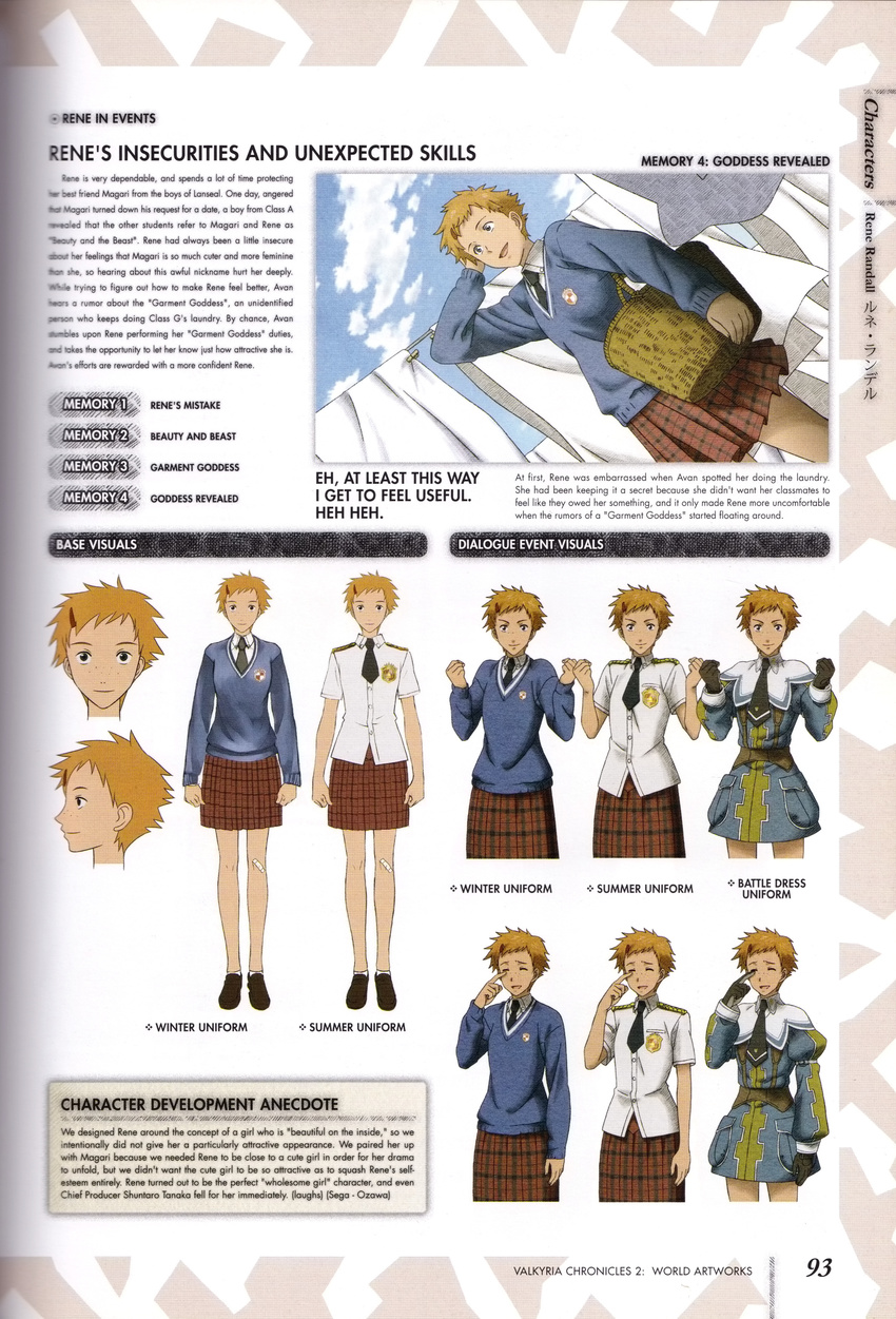 absurdres character_name character_sheet cloud freckles hair_ornament hairclip highres honjou_raita miniskirt multiple_views necktie non-web_source official_art open_mouth orange_hair rene_randall school_uniform senjou_no_valkyria senjou_no_valkyria_2 short_hair skirt sky variations