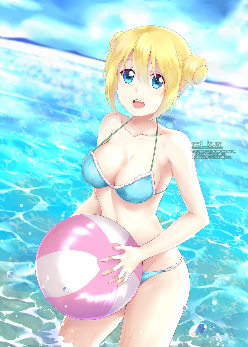 :d alternate_hairstyle artist_name ball beachball bikini blend_s blonde_hair blue_bikini blue_eyes blurry breasts cloud collarbone day depth_of_field double_bun dutch_angle hair_between_eyes halterneck highres hinata_kaho holding large_breasts looking_at_viewer open_mouth outdoors rei_kun short_hair sky smile solo sparkle standing strap_gap swimsuit water water_drop watermark web_address