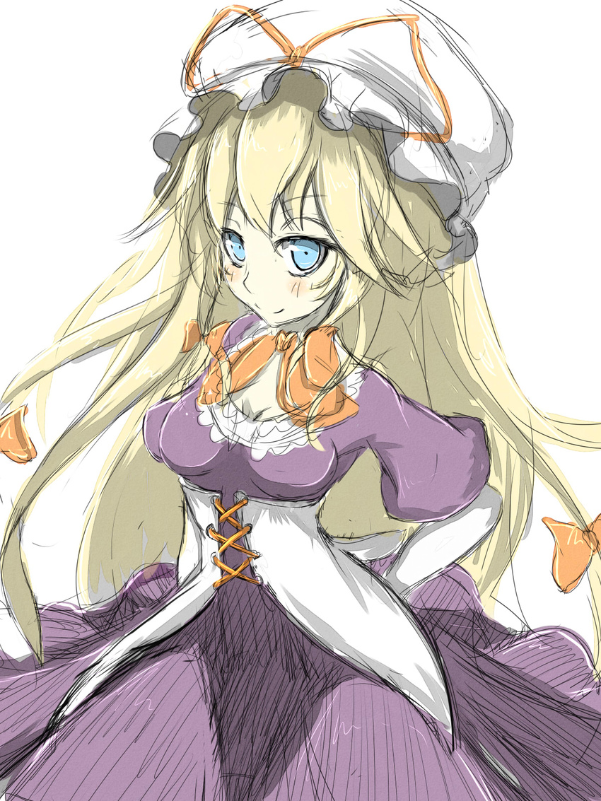 bangs blonde_hair blue_eyes blush bow breasts choker corset curiosities_of_lotus_asia dress elbow_gloves gloves hair_bow hand_on_hip hat hat_ribbon highres light_blue_eyes lolikari long_hair looking_at_viewer low-tied_long_hair mob_cap purple_dress red_bow red_ribbon ribbon ribbon_choker short_sleeves simple_background sketch small_breasts smile solo touhou very_long_hair watchi white_background white_gloves yakumo_yukari