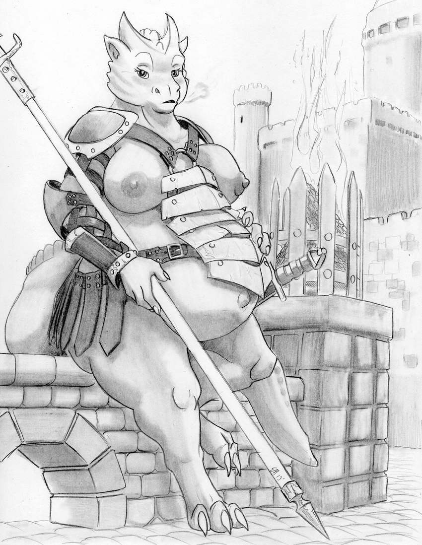 2013 anthro armor belly beuwens-folder big_belly big_breasts breasts castle dragon female fire guard hi_res horn looking_at_viewer melee_weapon monochrome navel nipples pencil_(artwork) polearm pregnant reptile scalie sitting spear sword traditional_media_(artwork) unconvincing_armor weapon
