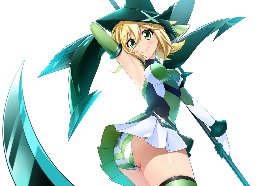 akatsuki_kirika arm_up ass blonde_hair breasts closed_mouth commentary_request elbow_gloves eyebrows_visible_through_hair from_behind gloves green_eyes headgear holding holding_weapon leotard looking_at_viewer looking_back medium_breasts nyanmaru scythe senki_zesshou_symphogear shiny shiny_hair shiny_skin short_hair simple_background skirt smile solo standing striped thighhighs upskirt weapon white_background