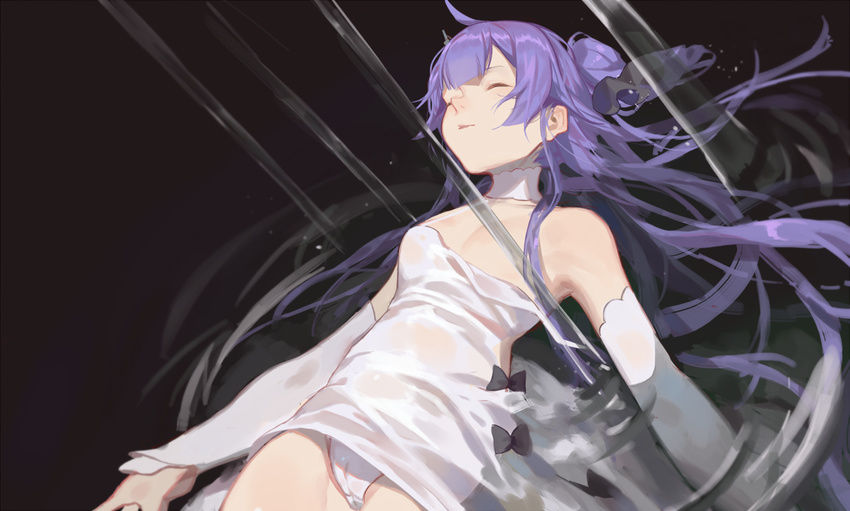 azur_lane bangs bare_shoulders blunt_bangs breasts cameltoe closed_eyes closed_mouth commentary_request detached_sleeves dress long_hair lying on_back one_side_up panties partially_submerged purple_hair red_cucumber ripples short_dress side_bun sidelocks small_breasts solo underwear unicorn_(azur_lane) white_dress white_panties