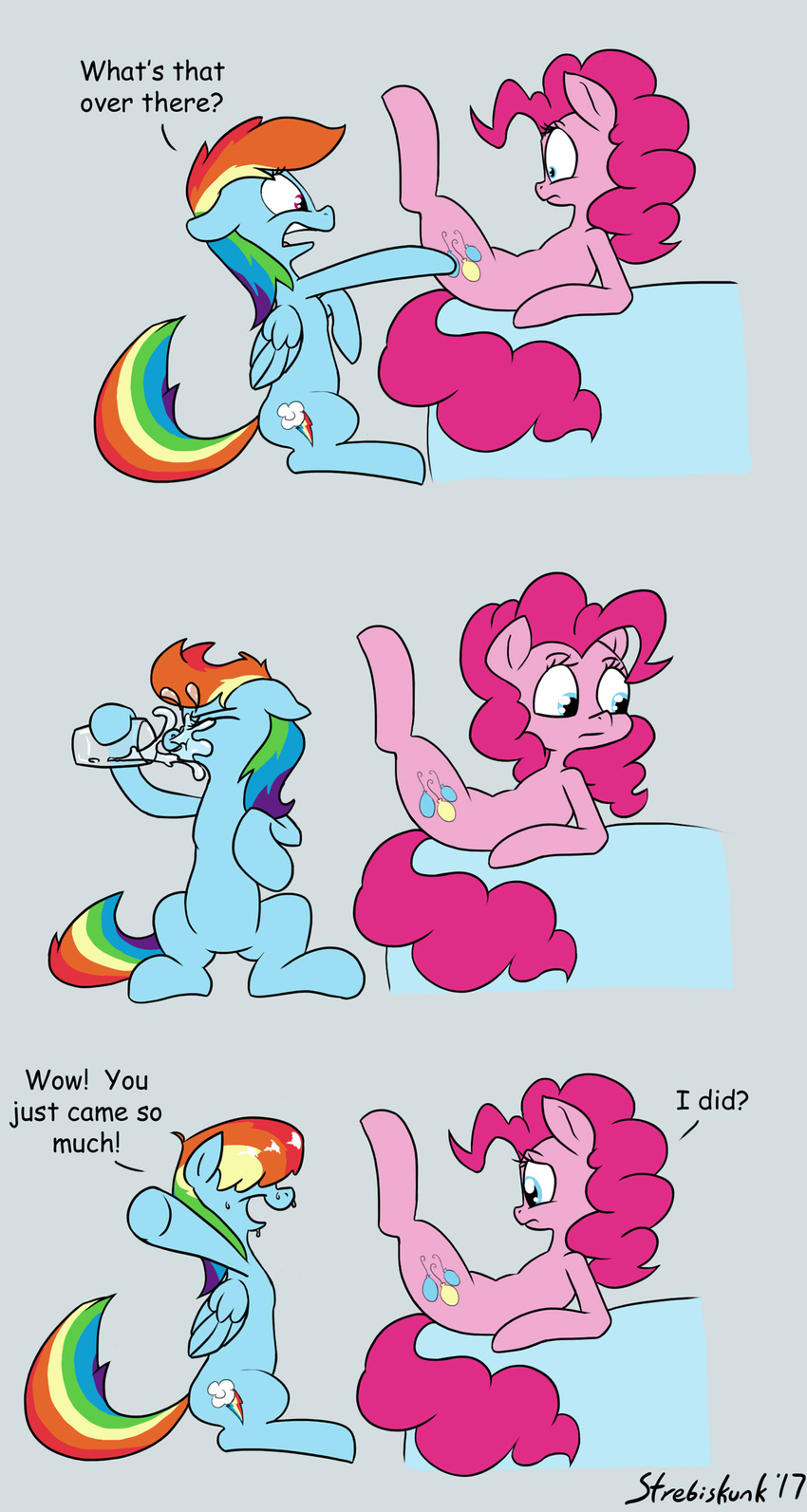 comic dialogue english_text equine fake_orgasm friendship_is_magic horse implied_oral mammal my_little_pony pinkie_pie_(mlp) pony rainbow_dash_(mlp) strebiskunk text water wet