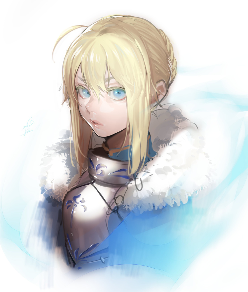 absurdres ahoge armor artoria_pendragon_(all) bad_id bad_twitter_id bangs blonde_hair blue_cape blue_eyes braid breastplate cape fate/stay_night fate_(series) fur_collar fur_trim gorget hair_between_eyes highres looking_at_viewer ohisashiburi parted_lips saber short_hair solo upper_body