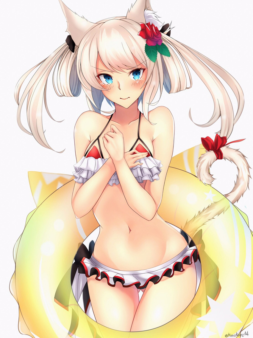&gt;:) animal_ears ass_visible_through_thighs azur_lane bare_arms bare_shoulders bikini bikini_skirt blonde_hair blue_eyes blush breasts cat_ears cat_tail collarbone cowboy_shot eyebrows_visible_through_hair flower frilled_bikini frills hair_flower hair_ornament hair_rings hammann_(azur_lane) hands_on_own_chest highres kano_(kanokano44) layered_bikini leaf_hair_ornament long_hair looking_at_viewer navel red_flower red_rose rose simple_background small_breasts solo standing star star_print stomach swimsuit tail tearing_up tears thigh_gap thighs transparent tsurime twitter_username v-shaped_eyebrows white_background white_bikini