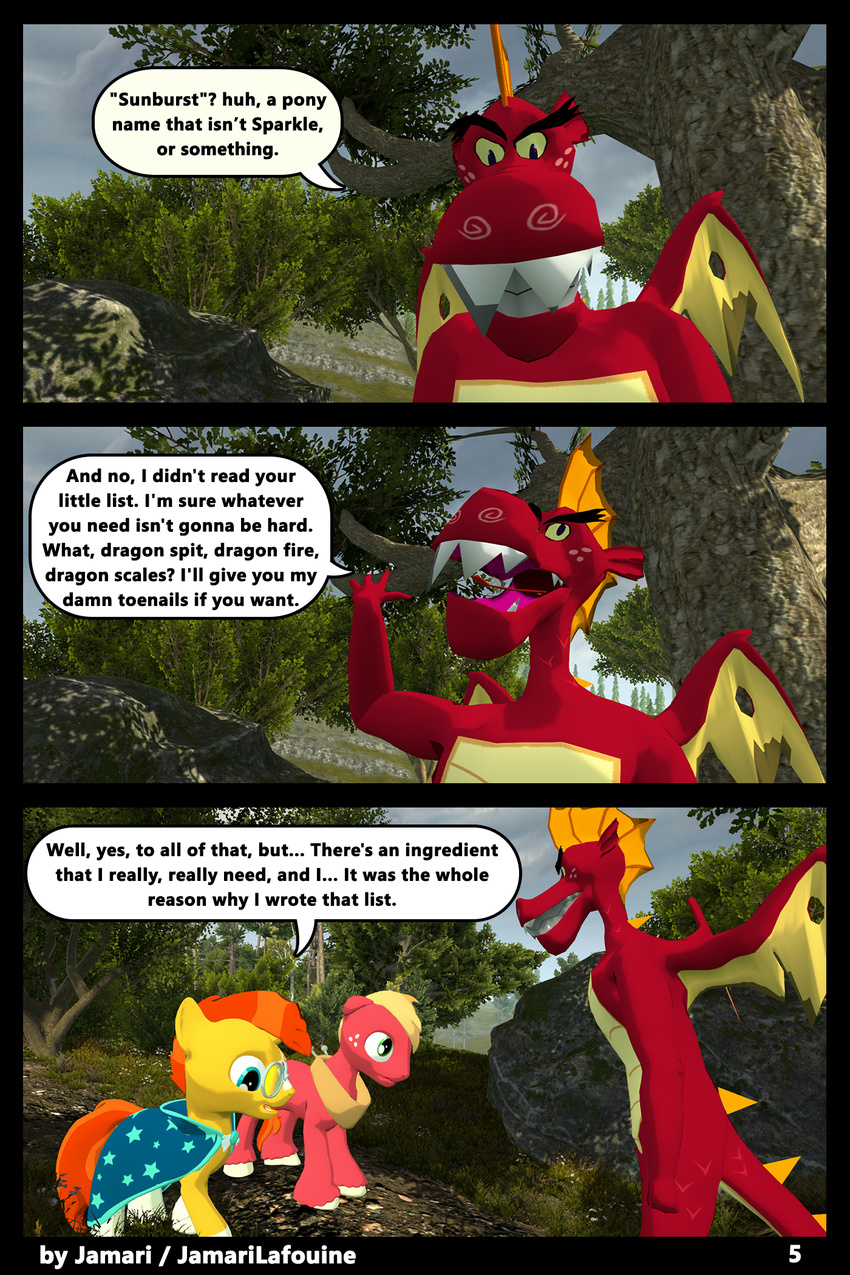 2017 3d_(artwork) anthro big_macintosh_(mlp) clothing comic dialogue digital_media_(artwork) dragon earth_pony equine eyewear forest friendship_is_magic garble_(mlp) glasses hair hi_res horn horse jamari male mammal membranous_wings multicolored_hair my_little_pony outside pony scales scalie sunburst_(mlp) teeth text tree wings
